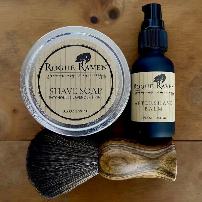 Wet Shave Essentials Bundle: Shave Soap, Aftershave Balm + Premium Shaving Brush Gift Set