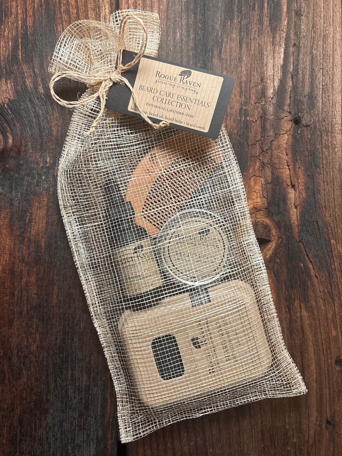Beard Care Essentials Collection packaged in a natural fiber bag