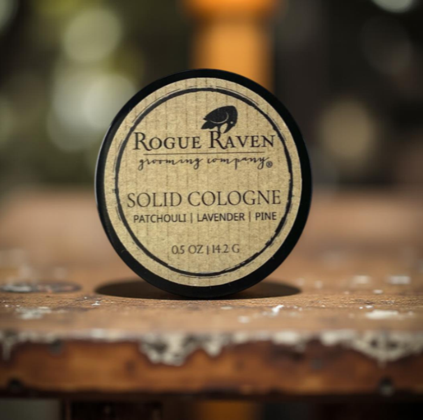 solid cologne-patchouli, lavender, and pine packaged in small gift box