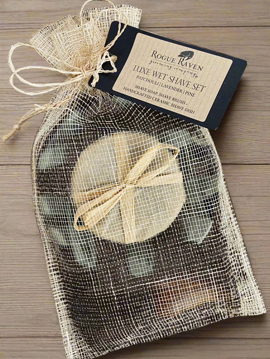 luxe wet shave set with ceramic dish, shave brush, and shave soap puck