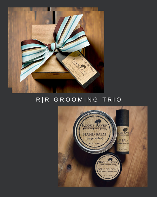 Fathers Day Grooming Gift Trio: Solid Cologne, Lip Balm, Hand Balm in Gift Box with Ribbon