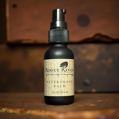 Black frosted glass bottle of aftershave balm from Rogue Raven Grooming
