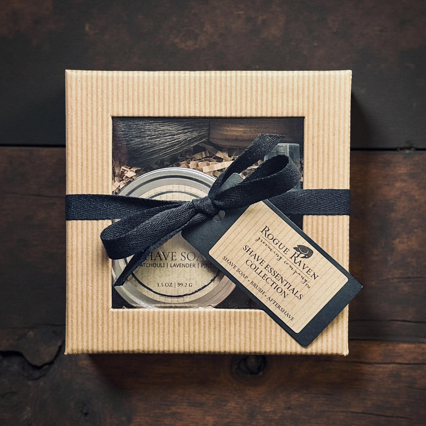 Wet Shave Gift Set with All-Natural Shave Soap, Aftershave Balm, and Premium Shave Brush - Packaged in a kraft window gift box.