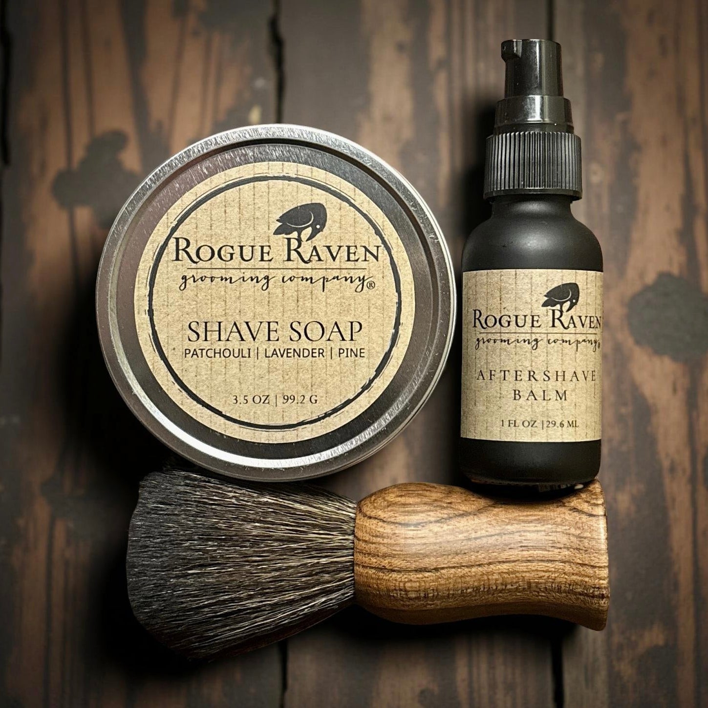 Wet shave kit with shave soap, aftershave and premium shave brush from Rogue Raven Grooming.