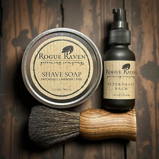 Wet shave kit with shave soap, aftershave and premium shave brush from Rogue Raven Grooming.