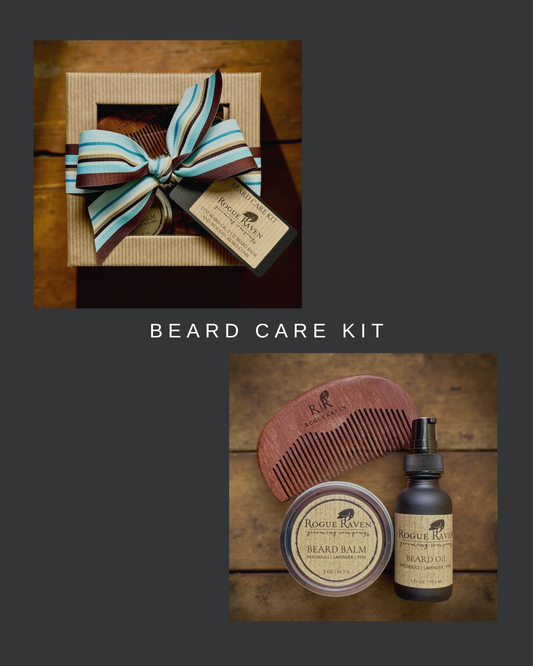 fathers day gift set packaged in a window gift box with ribbon: beard oil, beard balm, wooden beard comb.