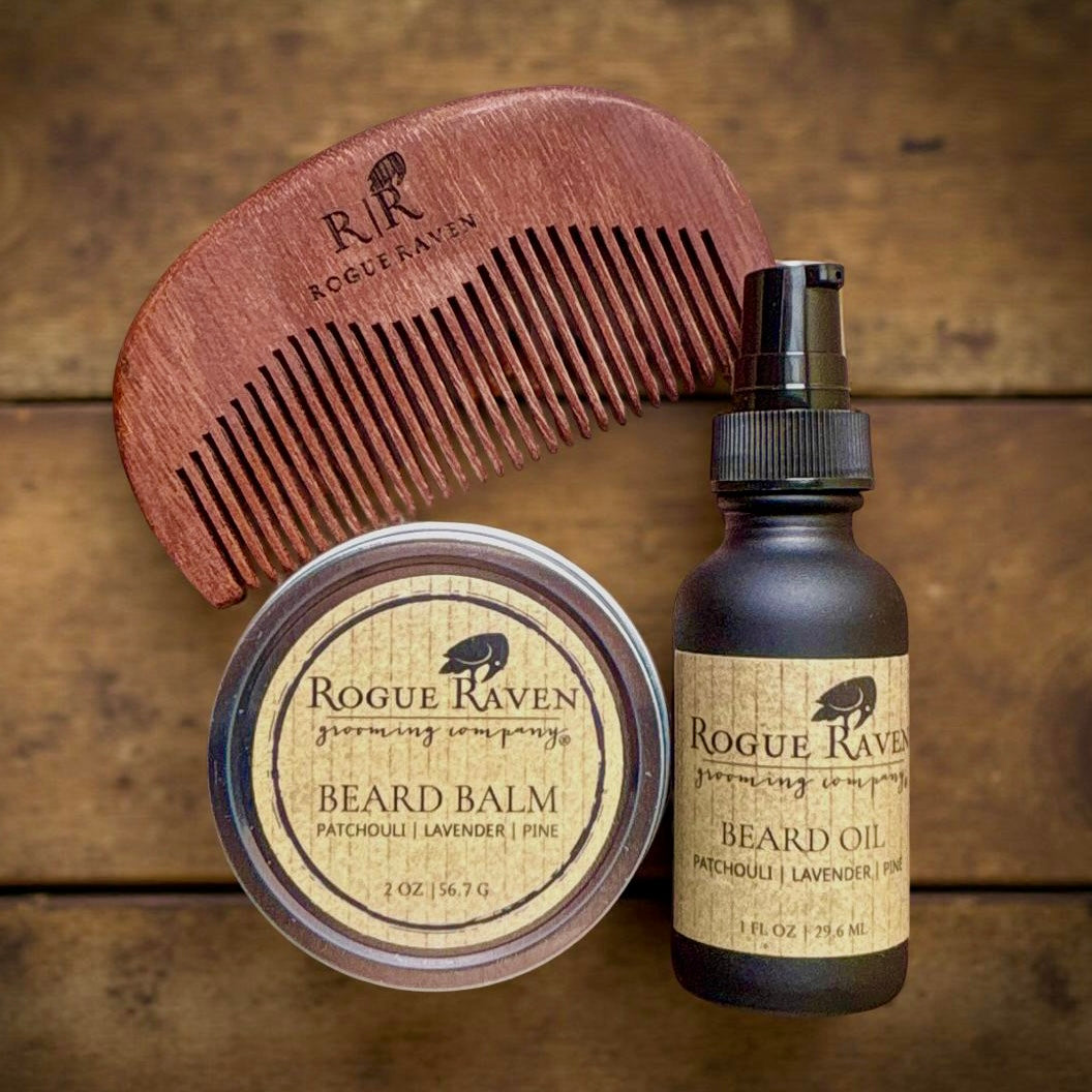 Beard Care Gift Kit contents: Beard Oil, Beard Balm, Beard Comb.
