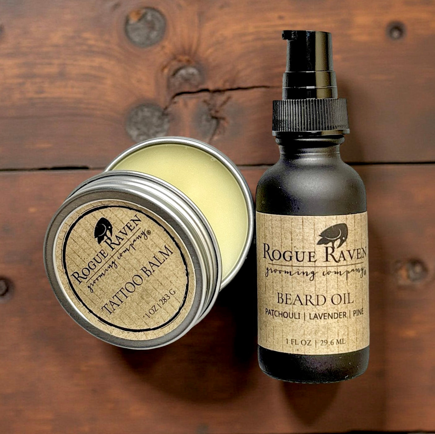 Contents of Father’s Day Beard + Tattoo Gift Set: beard oil and tattoo balm