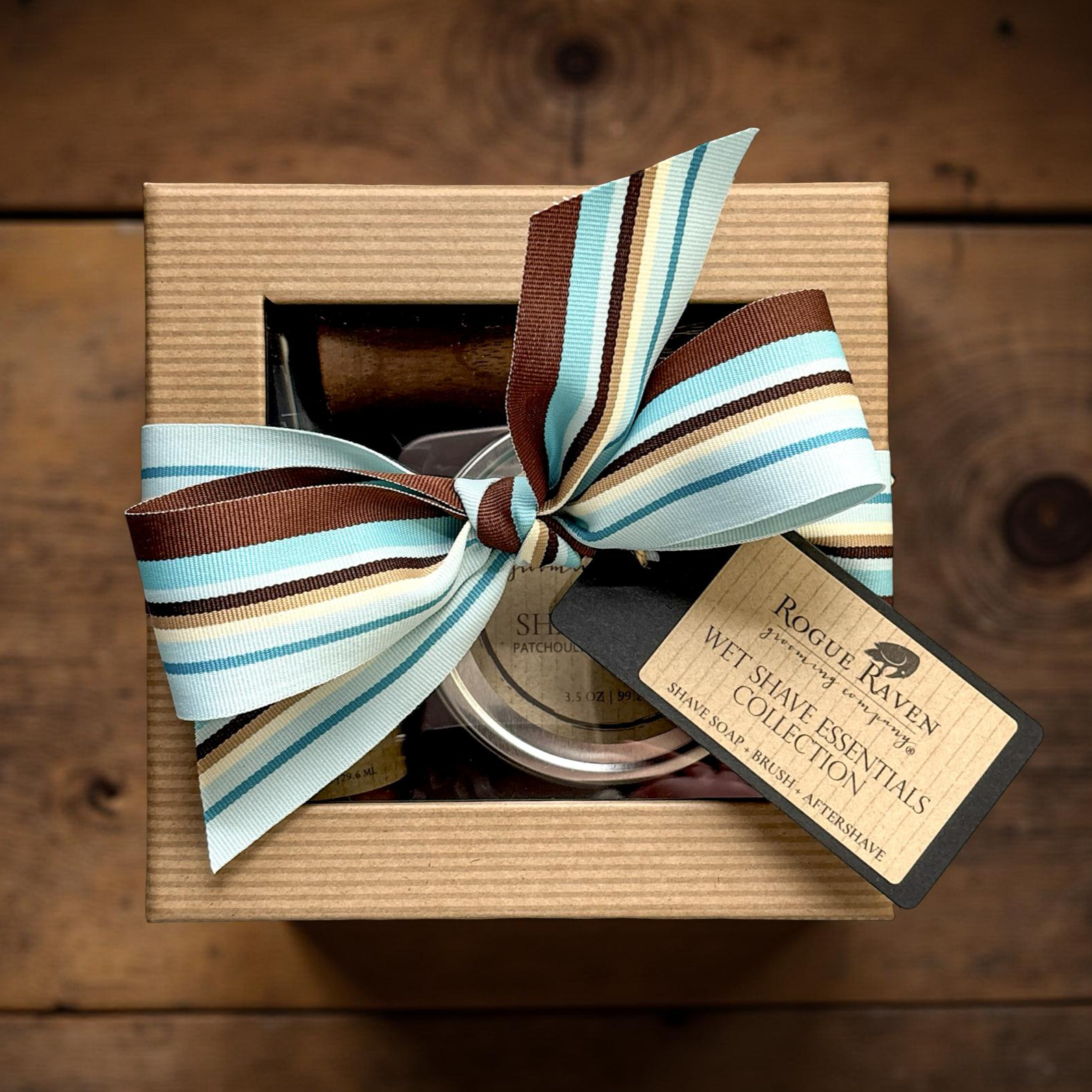 Contents of Father’s Day Wet Shave Gift Set: shave soap, shaving brush, and aftershave balm.