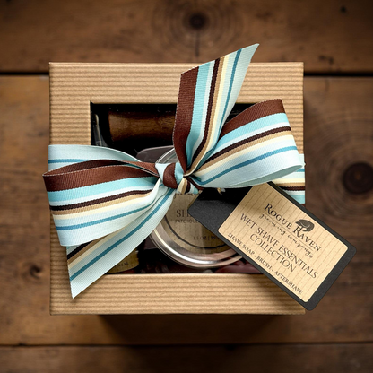 Contents of Father’s Day Wet Shave Gift Set: shave soap, shaving brush, and aftershave balm.