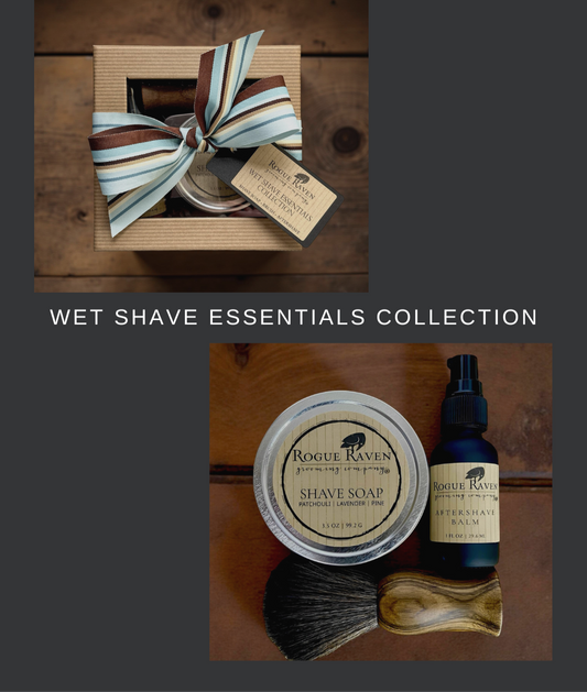 wet shave essentials gift set for father's day: shave soap, aftershave balm, premium shave brush in gift box with ribbon